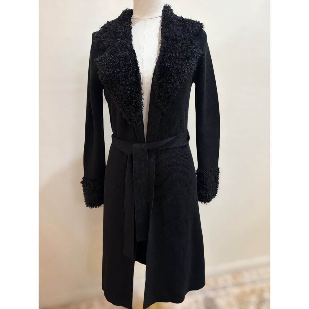 Vintage Y2K Arden B Black Faux Fur Trim Belted Sweater Coat Cardigan M